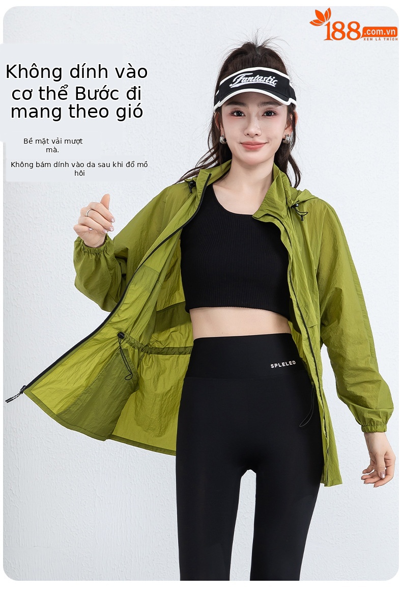 Áo chống nắng nữ dáng dài có mũ, chất liệu nylon mỏng nhẹ thoáng khí — Màu xanh lá cây chi tiết 15