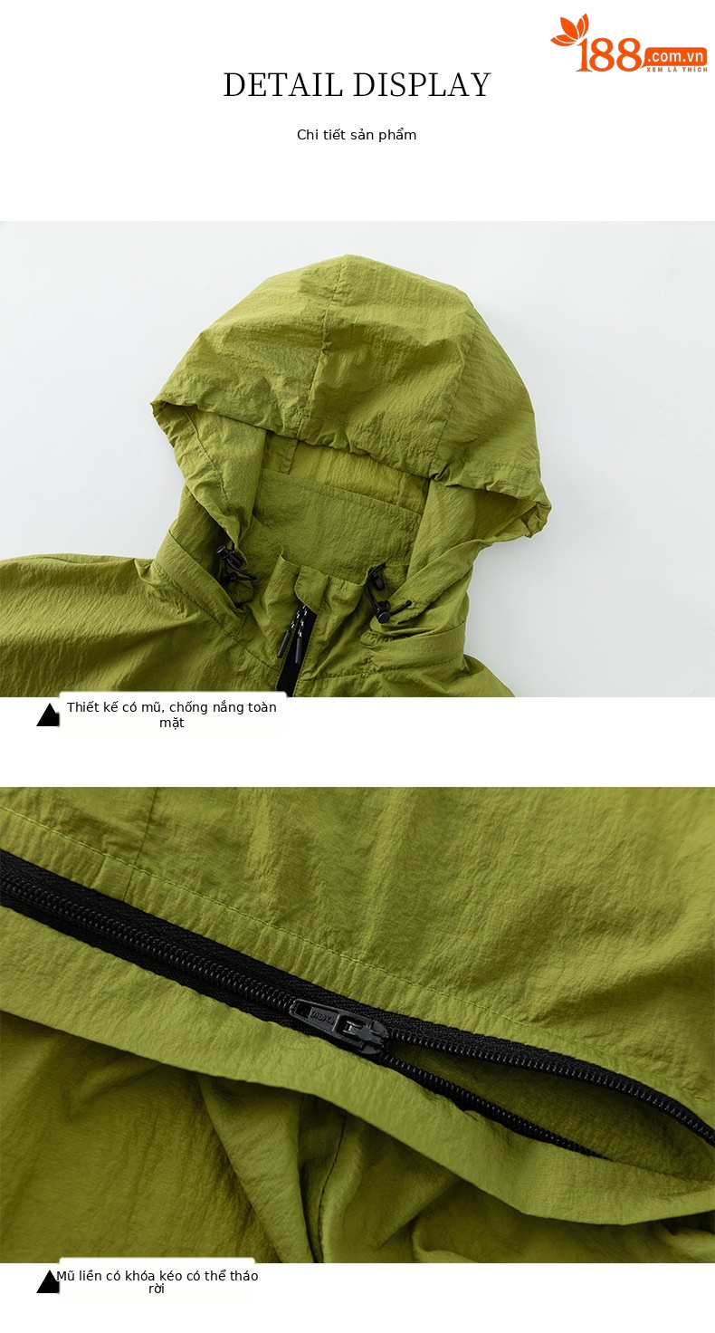 Áo chống nắng nữ dáng dài có mũ, chất liệu nylon mỏng nhẹ thoáng khí — Màu xanh lá cây chi tiết 17