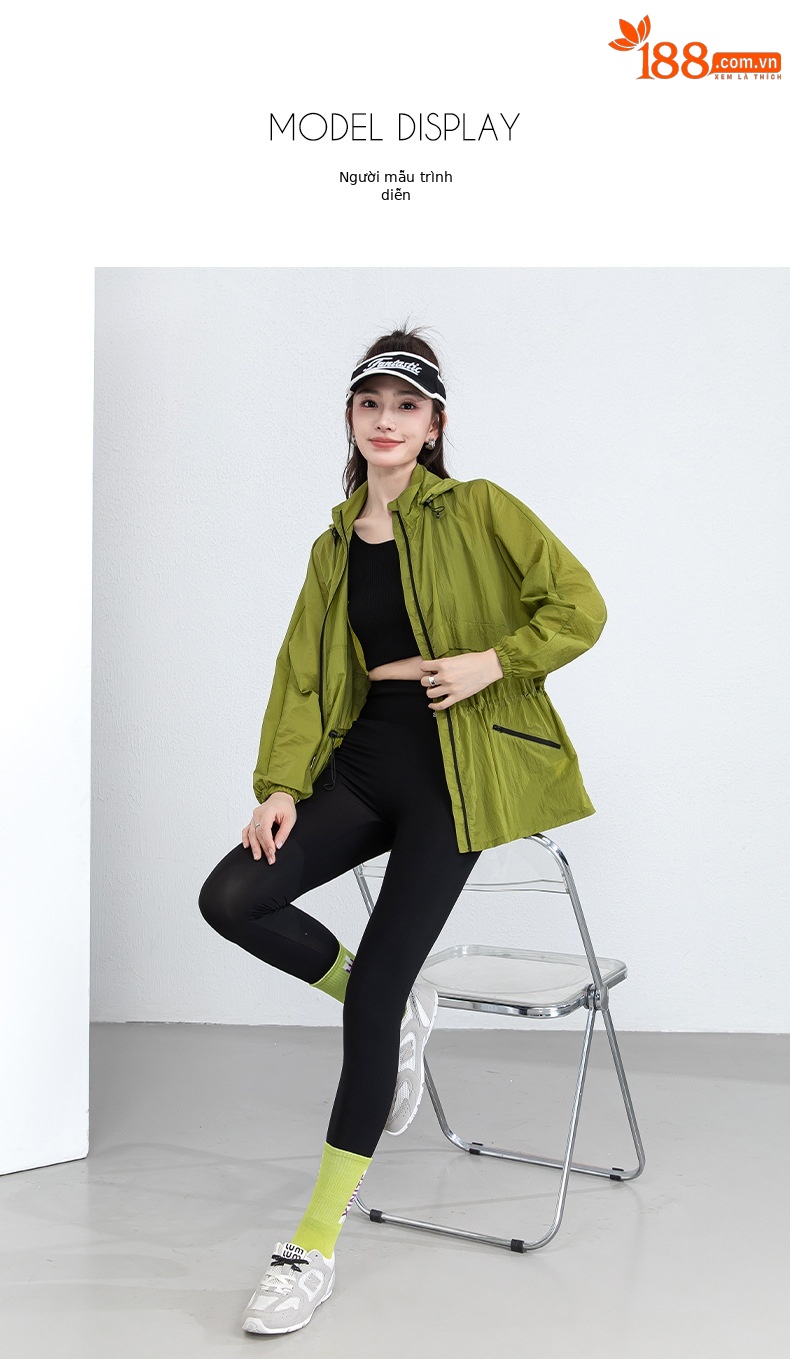 Áo chống nắng nữ dáng dài có mũ, chất liệu nylon mỏng nhẹ thoáng khí — Màu xanh lá cây chi tiết 20