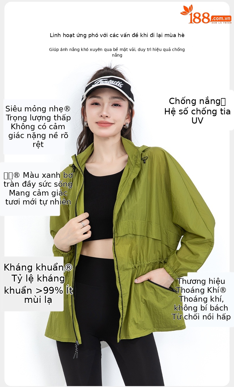 Áo chống nắng nữ dáng dài có mũ, chất liệu nylon mỏng nhẹ thoáng khí — Màu xanh lá cây chi tiết 3