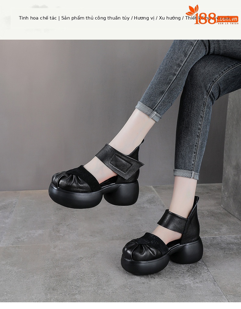 Sandal cao gót nữ da bò thật phong cách La Mã, gót to bản, đế dày, khóa dán — màu đen chi tiết 1