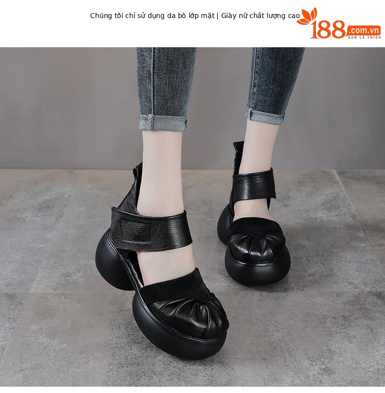 Sandal cao gót nữ da bò thật phong cách La Mã, gót to bản, đế dày, khóa dán — màu đen chi tiết 2