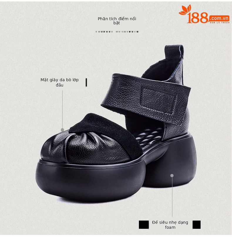 Sandal cao gót nữ da bò thật phong cách La Mã, gót to bản, đế dày, khóa dán — màu đen chi tiết 3