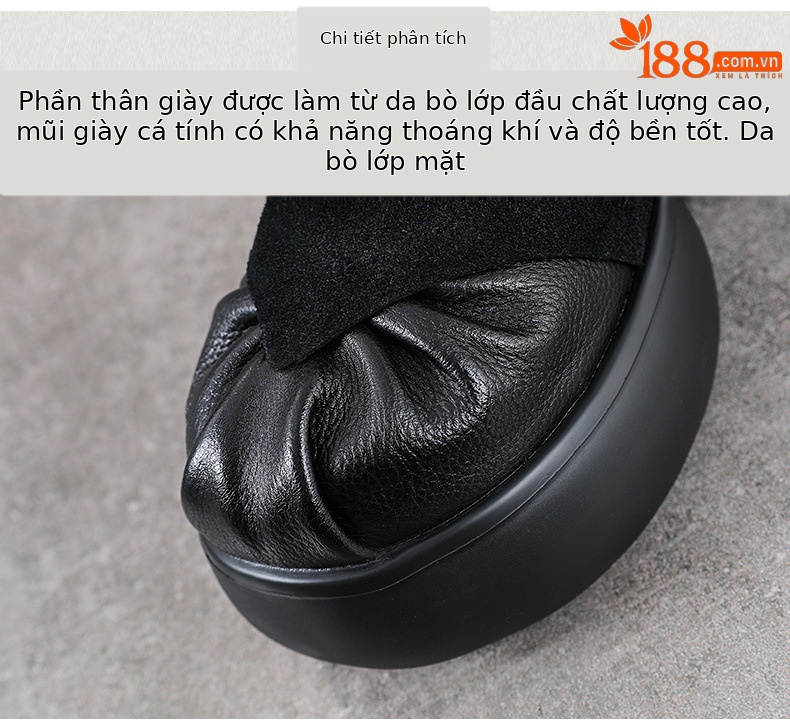 Sandal cao gót nữ da bò thật phong cách La Mã, gót to bản, đế dày, khóa dán — màu đen chi tiết 4