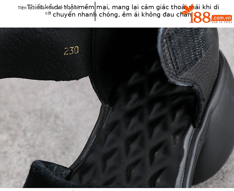Sandal cao gót nữ da bò thật phong cách La Mã, gót to bản, đế dày, khóa dán — màu đen chi tiết 6