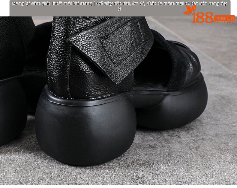 Sandal cao gót nữ da bò thật phong cách La Mã, gót to bản, đế dày, khóa dán — màu đen chi tiết 8