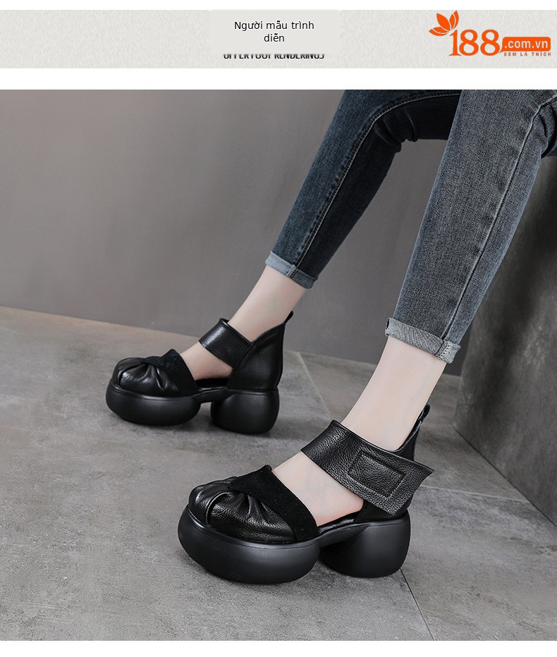 Sandal cao gót nữ da bò thật phong cách La Mã, gót to bản, đế dày, khóa dán — màu đen chi tiết 9