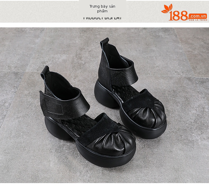 Sandal cao gót nữ da bò thật phong cách La Mã, gót to bản, đế dày, khóa dán — màu đen chi tiết 10