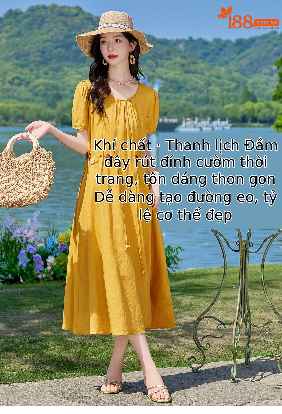 Đầm suông midi cổ V eo thắt dây dáng chữ A tay ngắn — Xanh lông mòng đen, màu trắng, màu vàng chi tiết 1