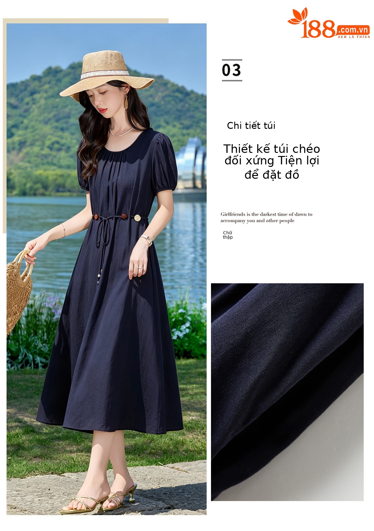Đầm suông midi cổ V eo thắt dây dáng chữ A tay ngắn — Xanh lông mòng đen, màu trắng, màu vàng chi tiết 9