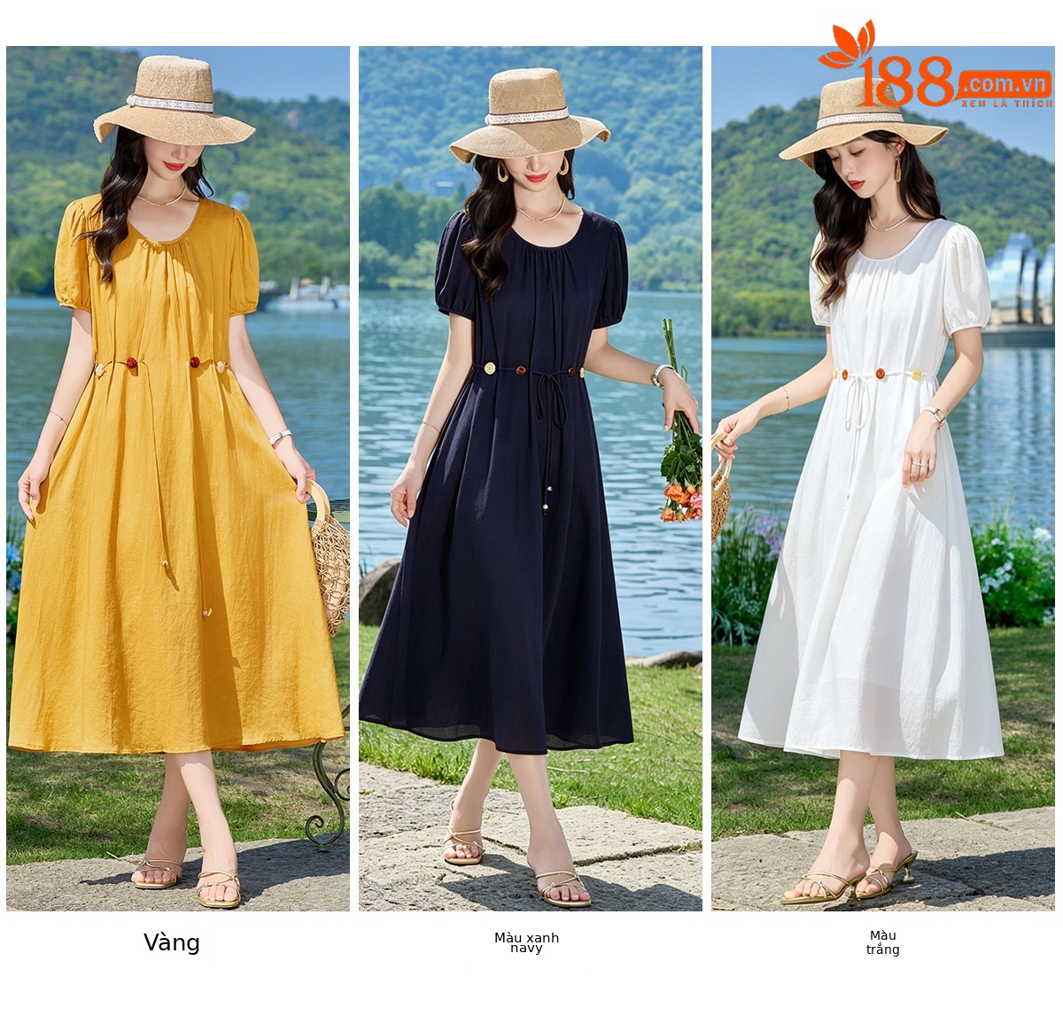 Đầm suông midi cổ V eo thắt dây dáng chữ A tay ngắn — Xanh lông mòng đen, màu trắng, màu vàng chi tiết 13