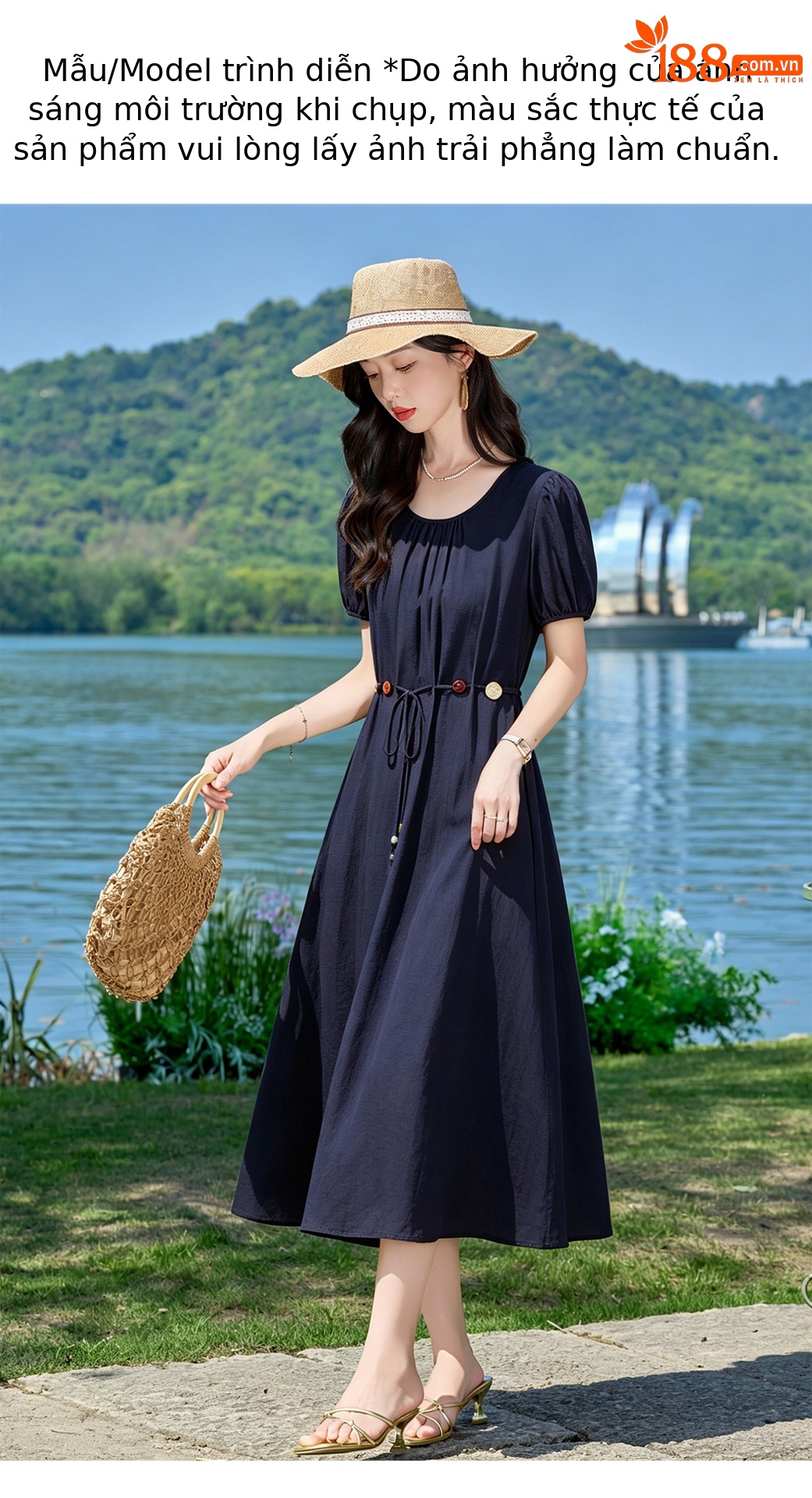 Đầm suông midi cổ V eo thắt dây dáng chữ A tay ngắn — Xanh lông mòng đen, màu trắng, màu vàng chi tiết 14