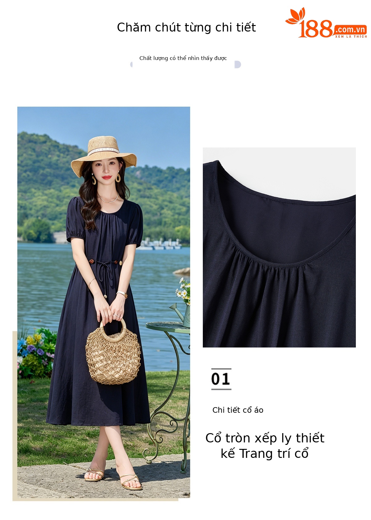 Đầm suông midi cổ V eo thắt dây dáng chữ A tay ngắn — Xanh lông mòng đen, màu trắng, màu vàng chi tiết 7