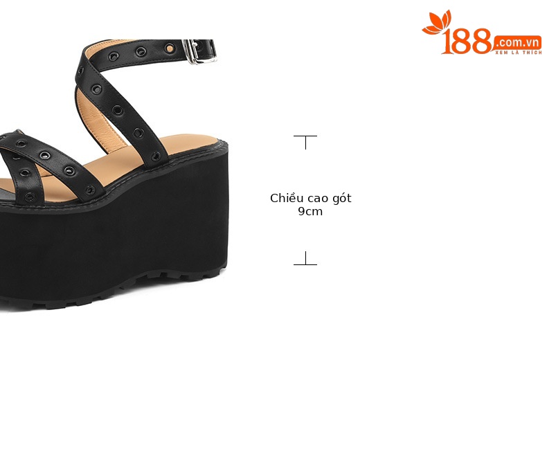 Sandal cao gót nữ quai chéo đế xuồng gót 11 cm, phong cách La Mã đinh tán — Đen 11cm, Đen 9cm chi tiết 3