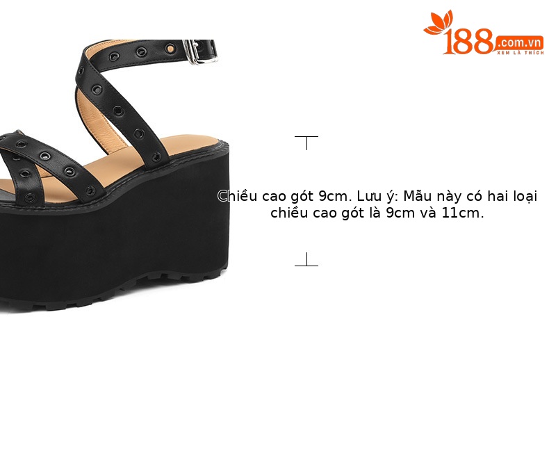 Sandal cao gót nữ quai chéo đế xuồng gót 11 cm, phong cách La Mã đinh tán — Đen 11cm, Đen 9cm chi tiết 4