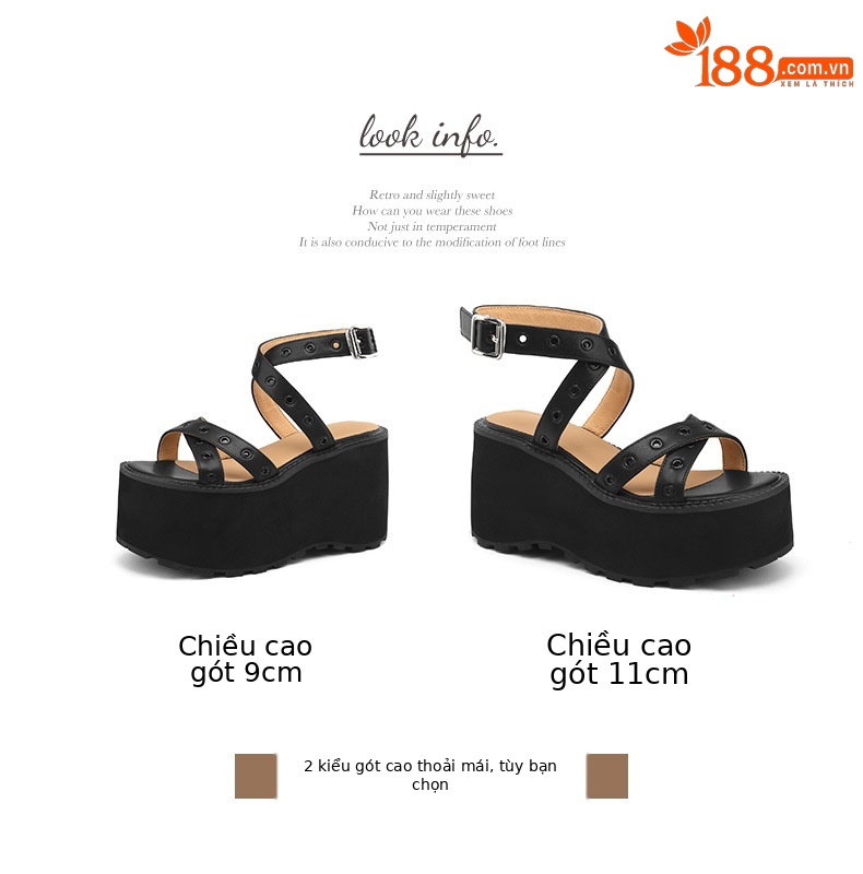 Sandal cao gót nữ quai chéo đế xuồng gót 11 cm, phong cách La Mã đinh tán — Đen 11cm, Đen 9cm chi tiết 5