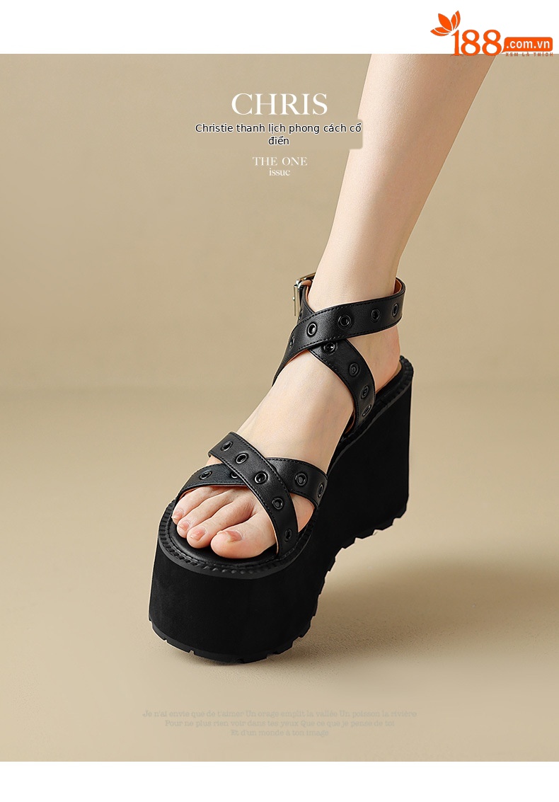 Sandal cao gót nữ quai chéo đế xuồng gót 11 cm, phong cách La Mã đinh tán — Đen 11cm, Đen 9cm chi tiết 6