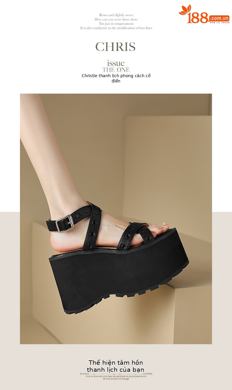 Sandal cao gót nữ quai chéo đế xuồng gót 11 cm, phong cách La Mã đinh tán — Đen 11cm, Đen 9cm chi tiết 8