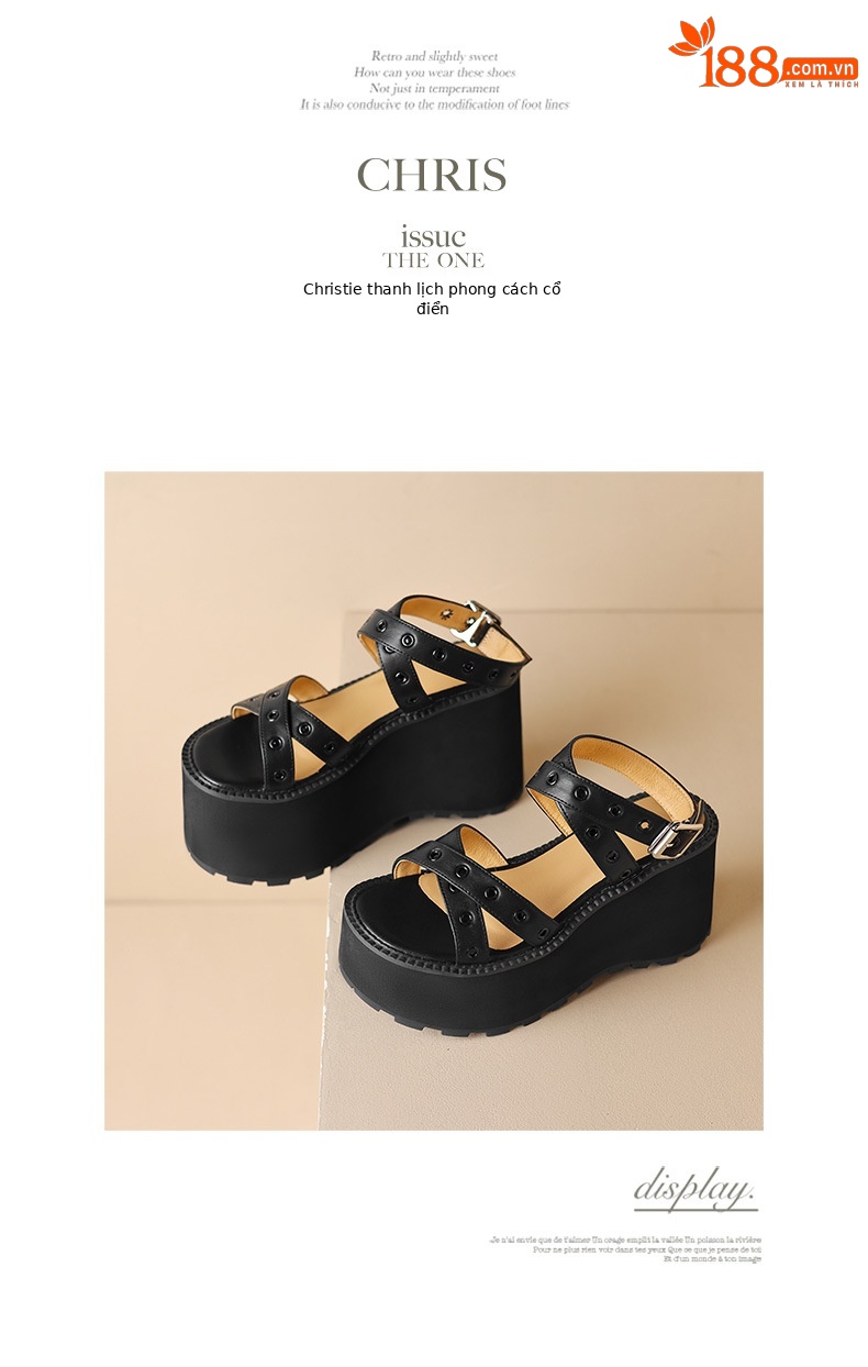 Sandal cao gót nữ quai chéo đế xuồng gót 11 cm, phong cách La Mã đinh tán — Đen 11cm, Đen 9cm chi tiết 13