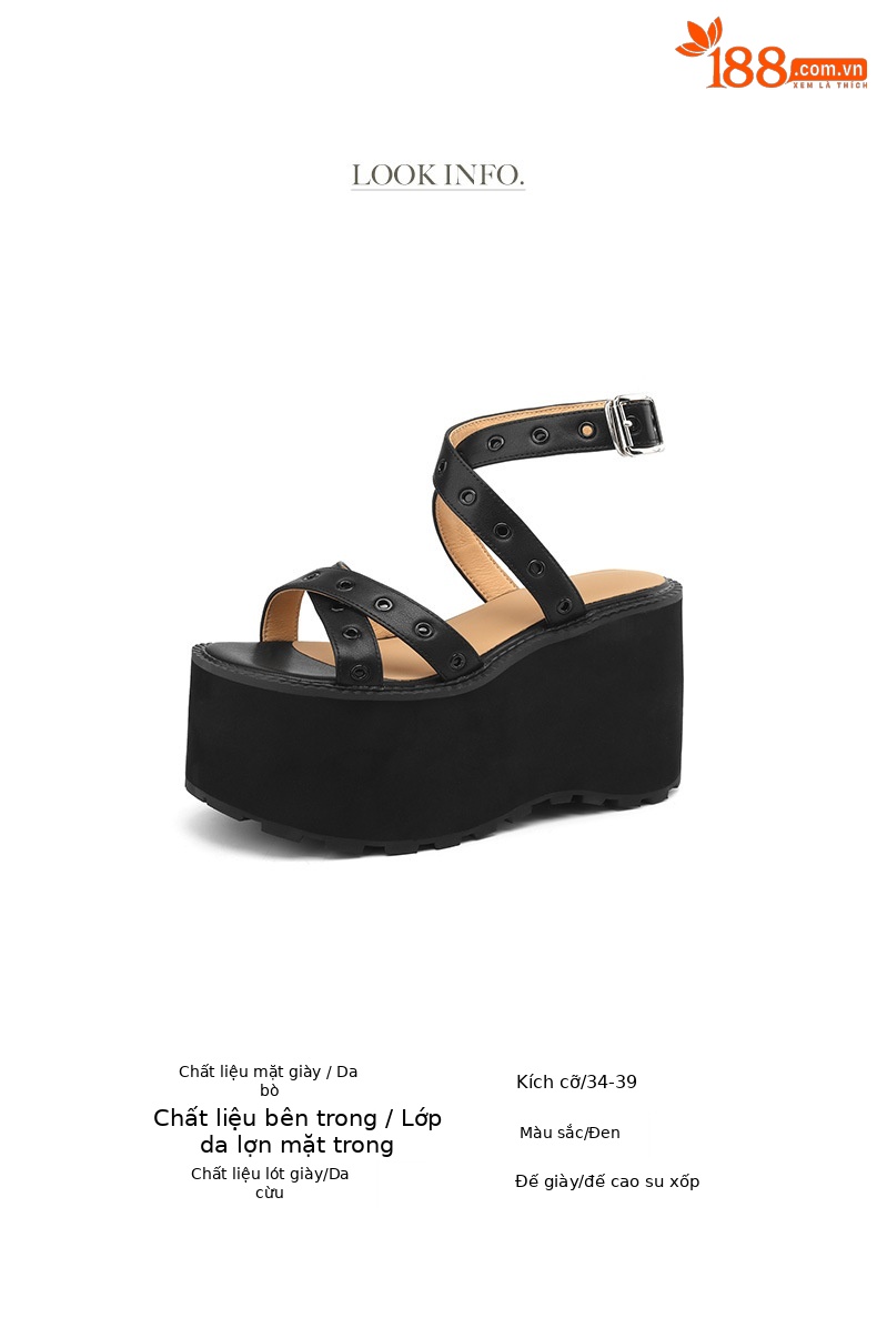 Sandal cao gót nữ quai chéo đế xuồng gót 11 cm, phong cách La Mã đinh tán — Đen 11cm, Đen 9cm chi tiết 2