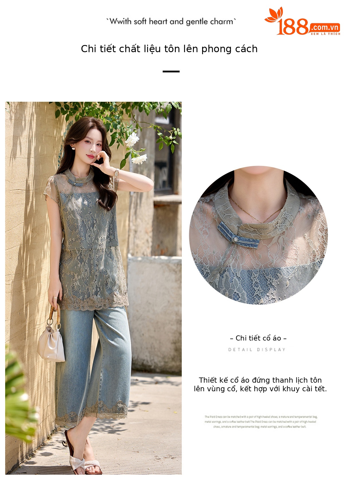 Bộ quần áo hai mảnh gồm áo phối ren và quần jeans ống rộng nữ — Màu ảnh chi tiết 7