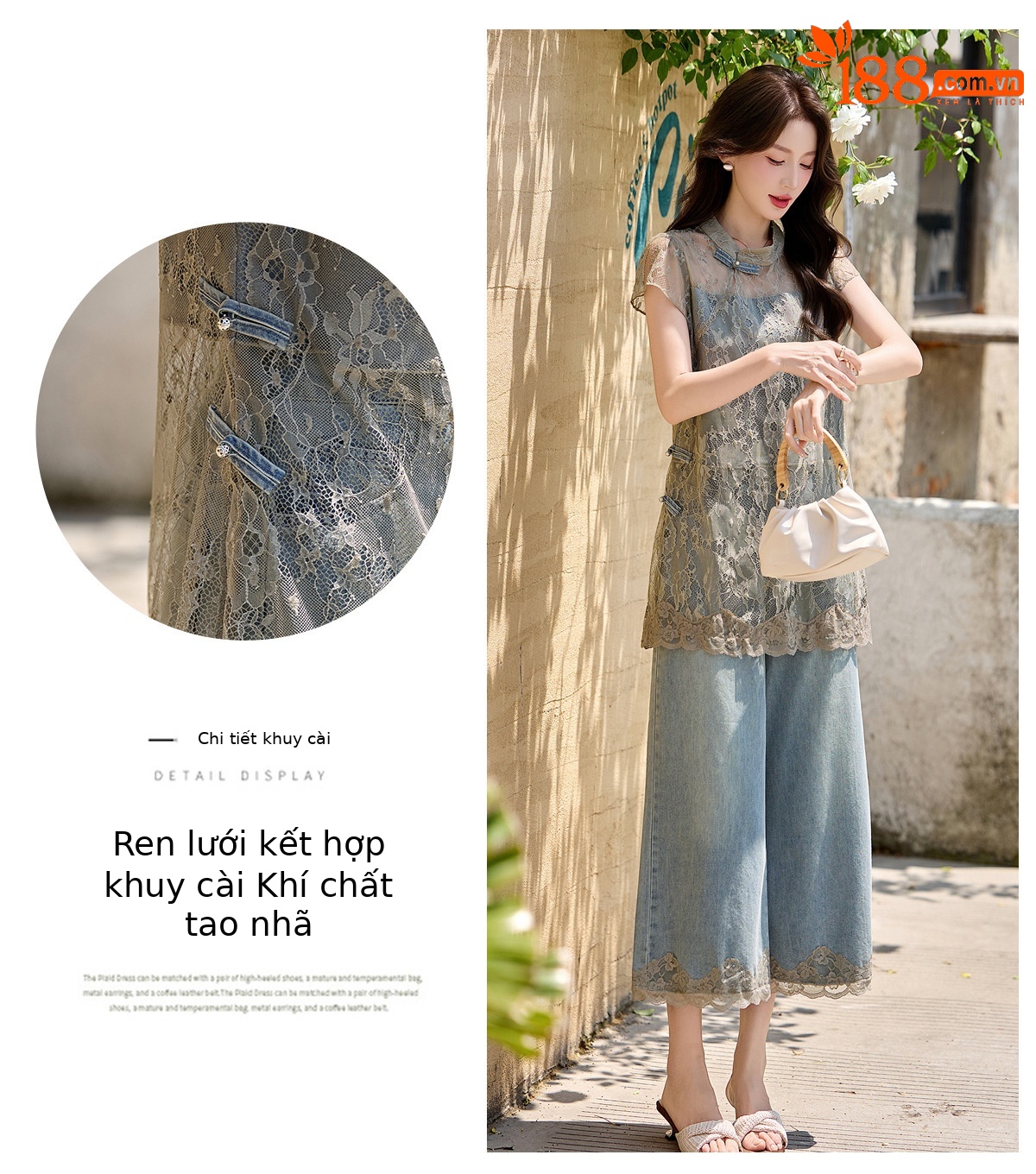 Bộ quần áo hai mảnh gồm áo phối ren và quần jeans ống rộng nữ — Màu ảnh chi tiết 8