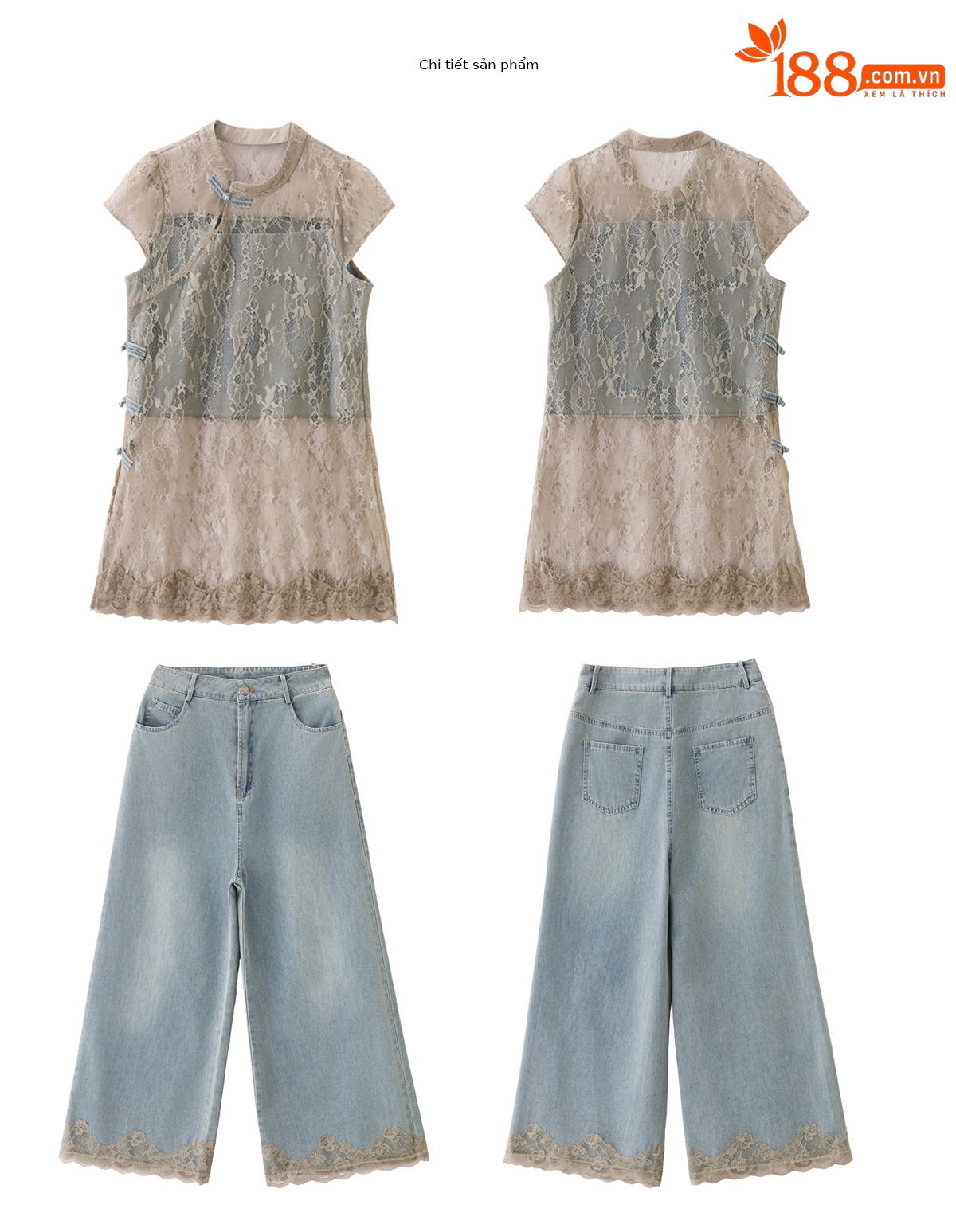 Bộ quần áo hai mảnh gồm áo phối ren và quần jeans ống rộng nữ — Màu ảnh chi tiết 20