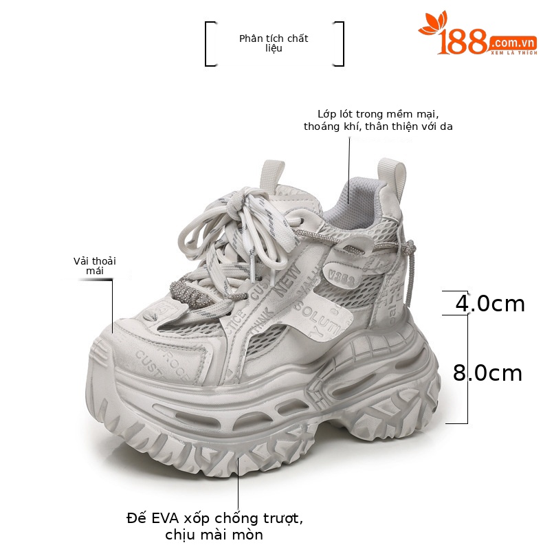 Giày sneaker nữ đế dày tăng chiều cao 12cm mặt lưới thoáng khí — Tro thô chi tiết 3