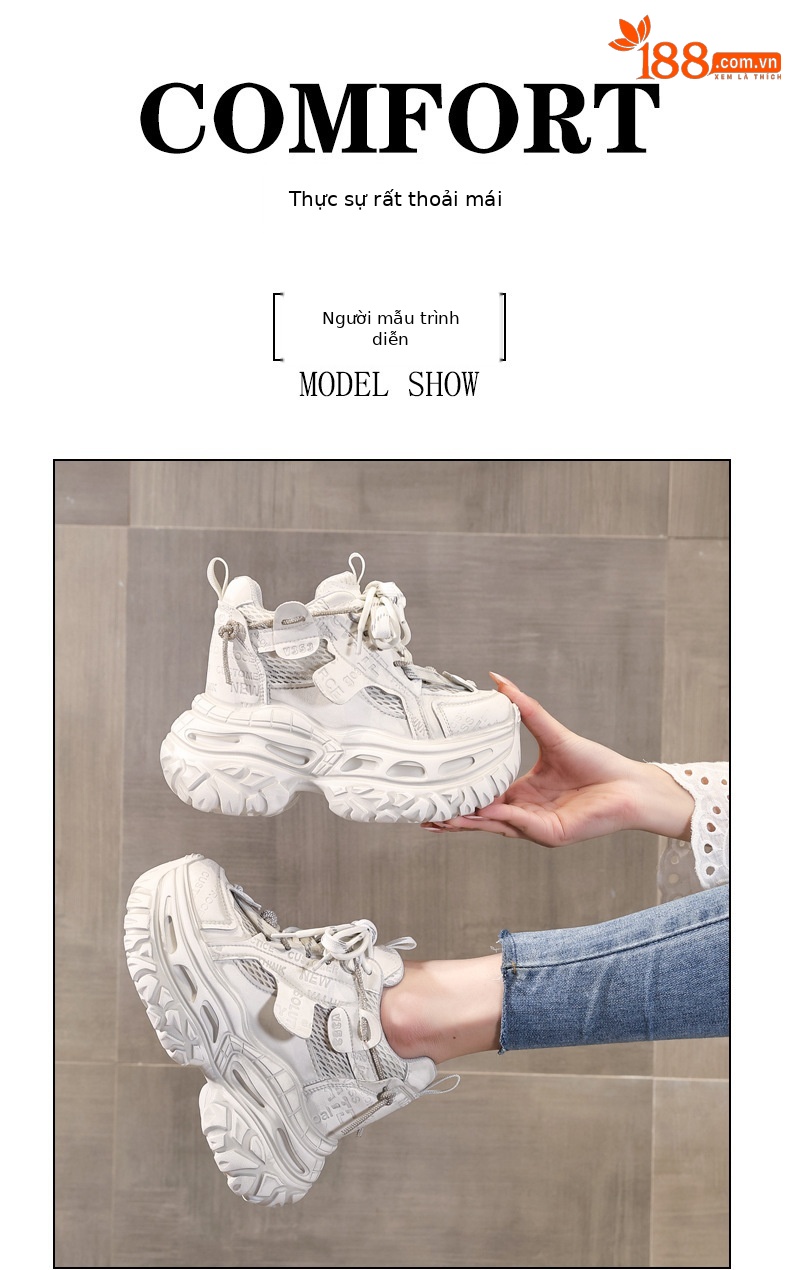 Giày sneaker nữ đế dày tăng chiều cao 12cm mặt lưới thoáng khí — Tro thô chi tiết 11