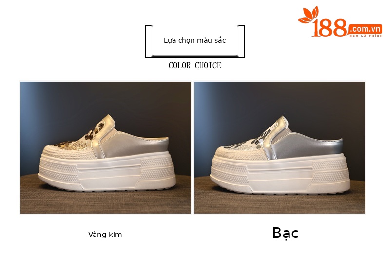 Giày sneaker nữ đế dày tăng chiều cao, kiểu lười một chân, mũi trùm, phối sequin, mùa hè 2026 — màu vàng, bạc chi tiết 2