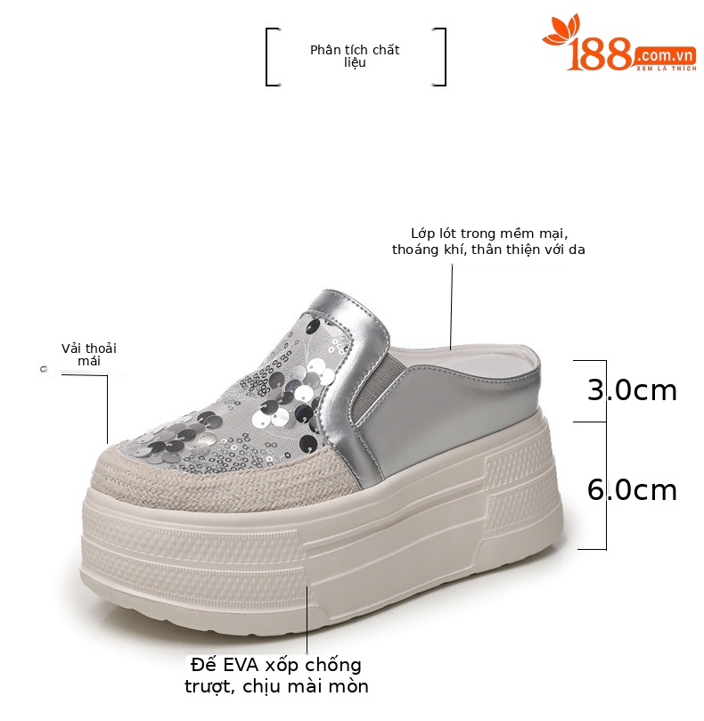 Giày sneaker nữ đế dày tăng chiều cao, kiểu lười một chân, mũi trùm, phối sequin, mùa hè 2026 — màu vàng, bạc chi tiết 3