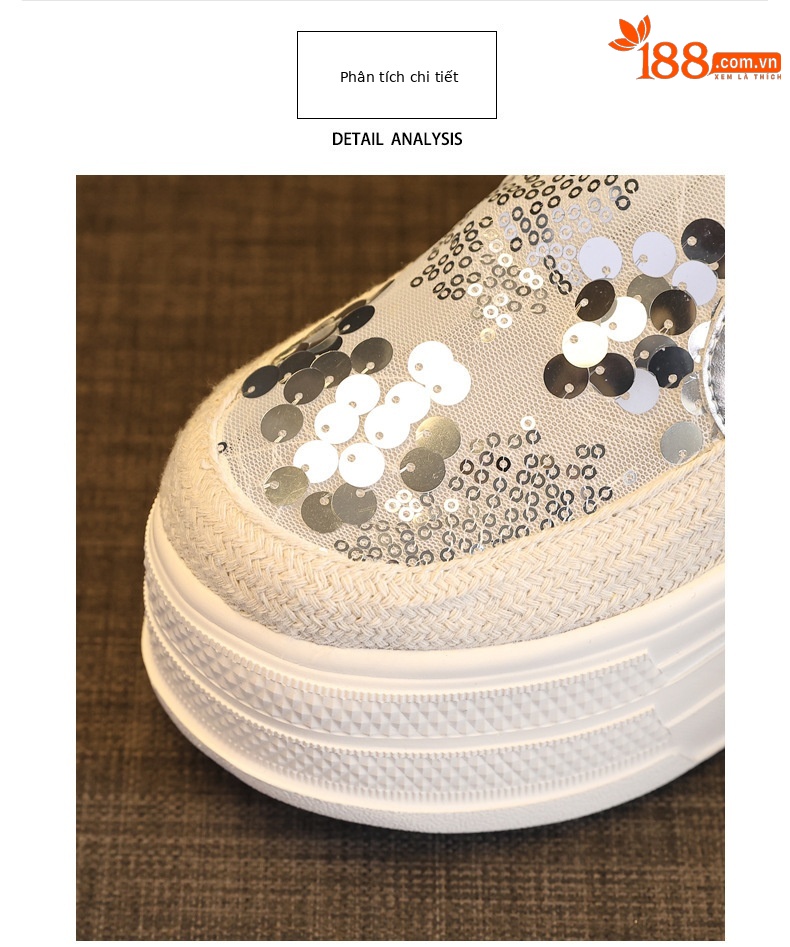 Giày sneaker nữ đế dày tăng chiều cao, kiểu lười một chân, mũi trùm, phối sequin, mùa hè 2026 — màu vàng, bạc chi tiết 7