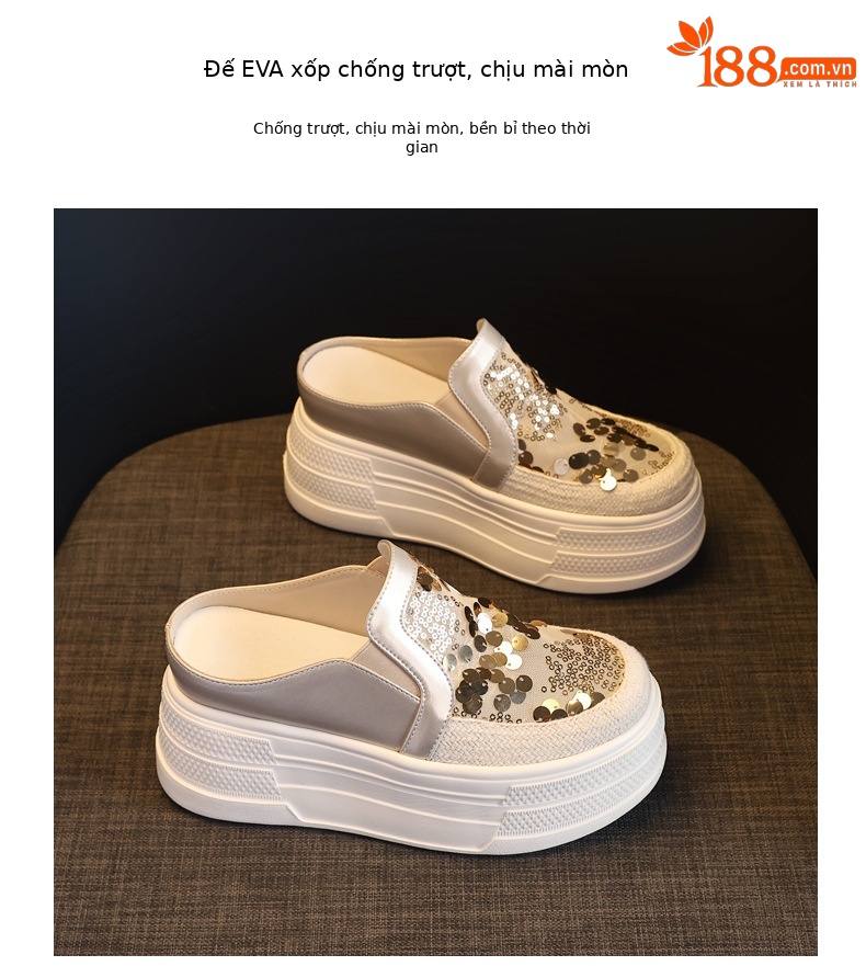 Giày sneaker nữ đế dày tăng chiều cao, kiểu lười một chân, mũi trùm, phối sequin, mùa hè 2026 — màu vàng, bạc chi tiết 10