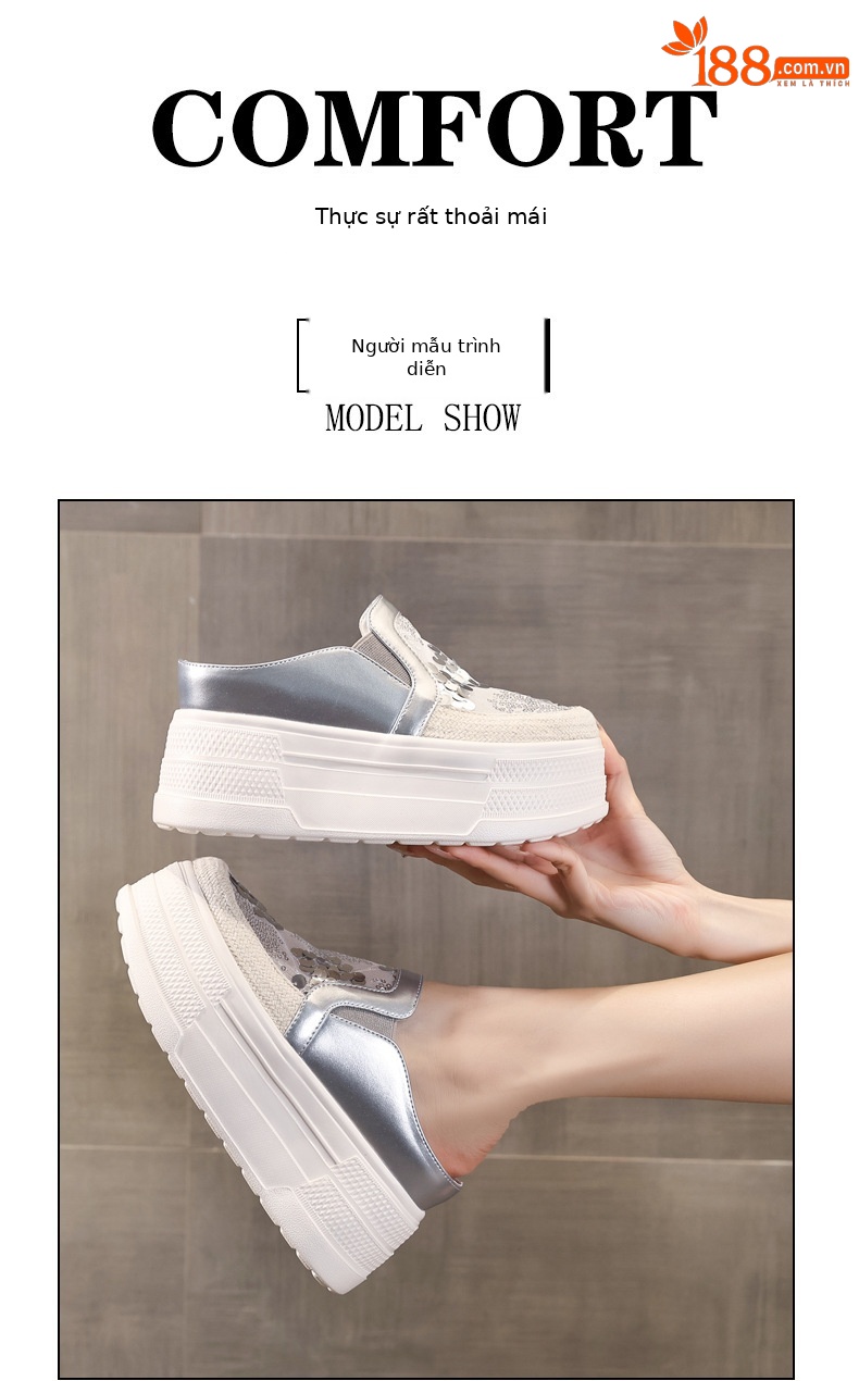 Giày sneaker nữ đế dày tăng chiều cao, kiểu lười một chân, mũi trùm, phối sequin, mùa hè 2026 — màu vàng, bạc chi tiết 11