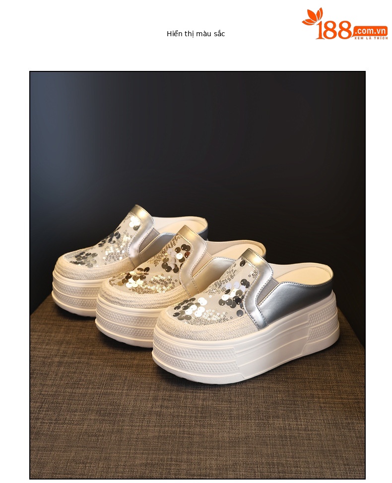 Giày sneaker nữ đế dày tăng chiều cao, kiểu lười một chân, mũi trùm, phối sequin, mùa hè 2026 — màu vàng, bạc chi tiết 18