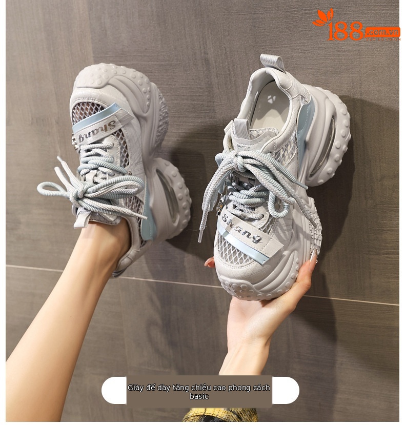Giày sneaker nữ đế dày tăng chiều cao lưới thoáng khí phong cách thể thao — xám xanh chi tiết 1