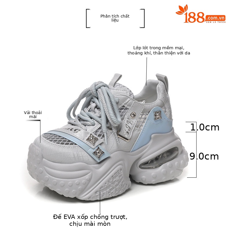 Giày sneaker nữ đế dày tăng chiều cao lưới thoáng khí phong cách thể thao — xám xanh chi tiết 3