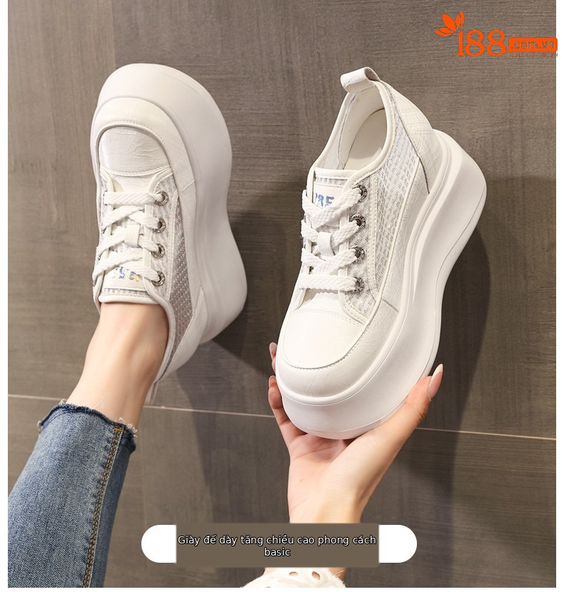 Giày sneaker nữ đế dày tăng chiều cao, kiểu dáng trắng cơ bản phối hợp mọi trang phục — màu trắng chi tiết 1