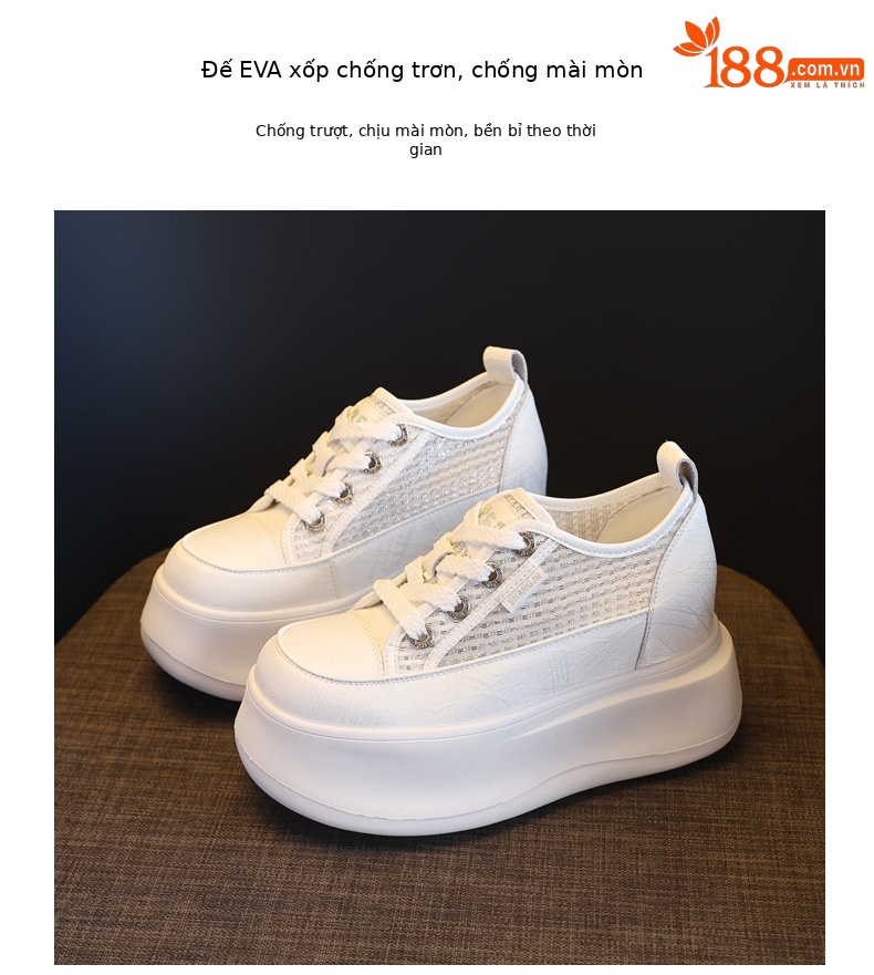 Giày sneaker nữ đế dày tăng chiều cao, kiểu dáng trắng cơ bản phối hợp mọi trang phục — màu trắng chi tiết 8