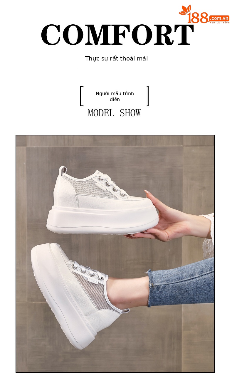 Giày sneaker nữ đế dày tăng chiều cao, kiểu dáng trắng cơ bản phối hợp mọi trang phục — màu trắng chi tiết 9