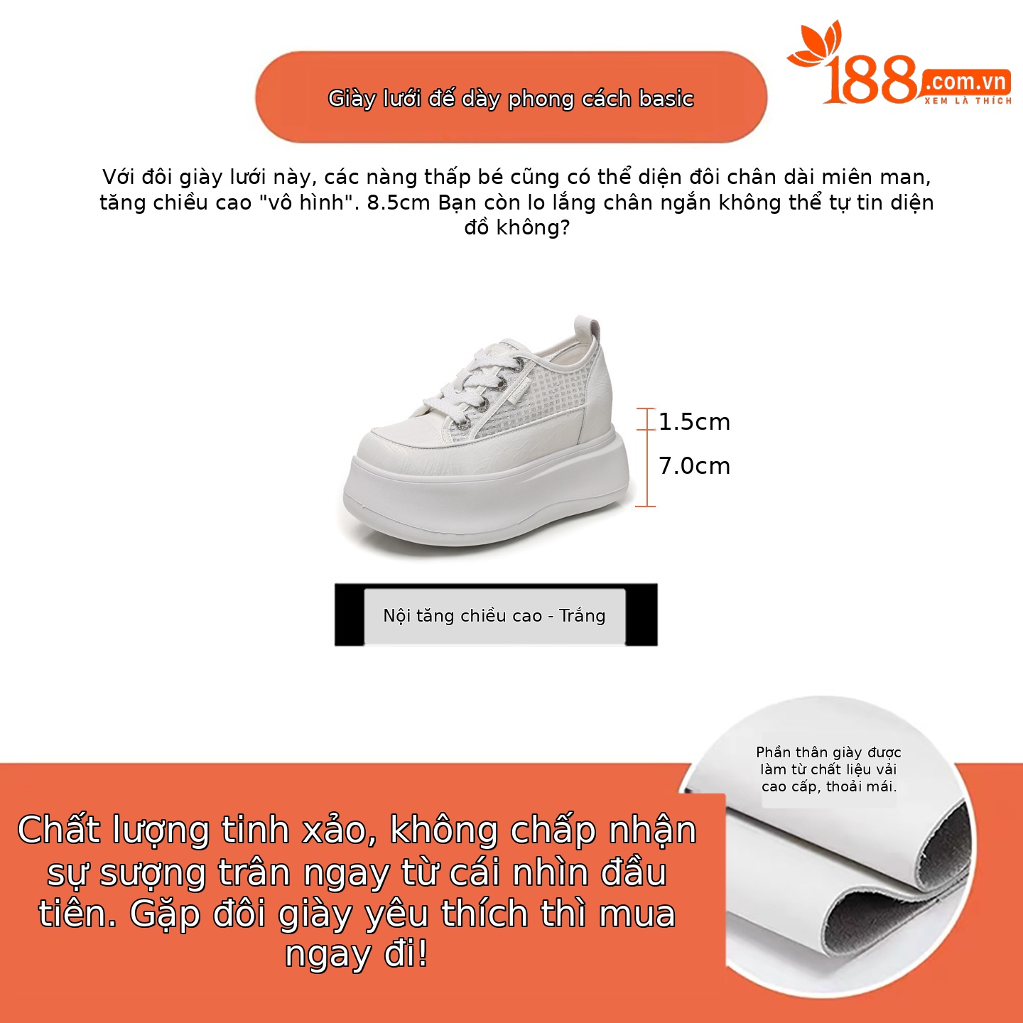 Giày sneaker nữ đế dày tăng chiều cao, kiểu dáng trắng cơ bản phối hợp mọi trang phục — màu trắng