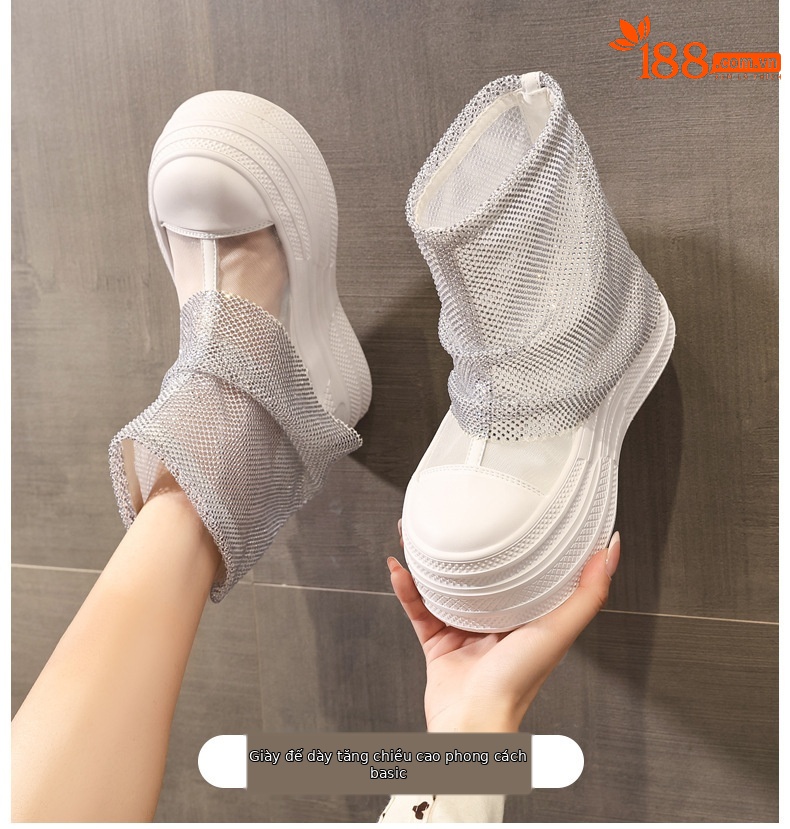 Boot cổ thấp nữ đế dày tăng chiều cao, lưới thoáng khí đính đá rhinestone — màu đen, màu trắng chi tiết 1