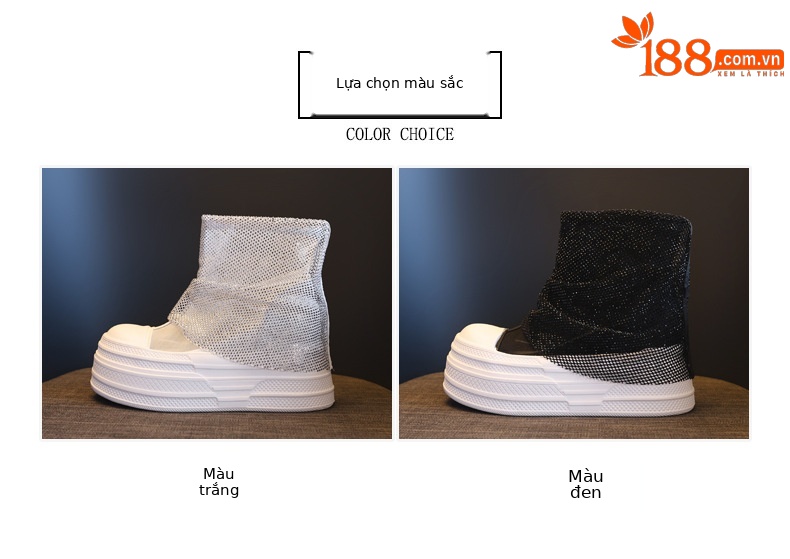 Boot cổ thấp nữ đế dày tăng chiều cao, lưới thoáng khí đính đá rhinestone — màu đen, màu trắng chi tiết 2