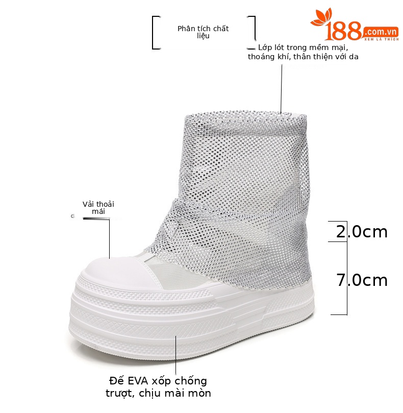 Boot cổ thấp nữ đế dày tăng chiều cao, lưới thoáng khí đính đá rhinestone — màu đen, màu trắng chi tiết 3