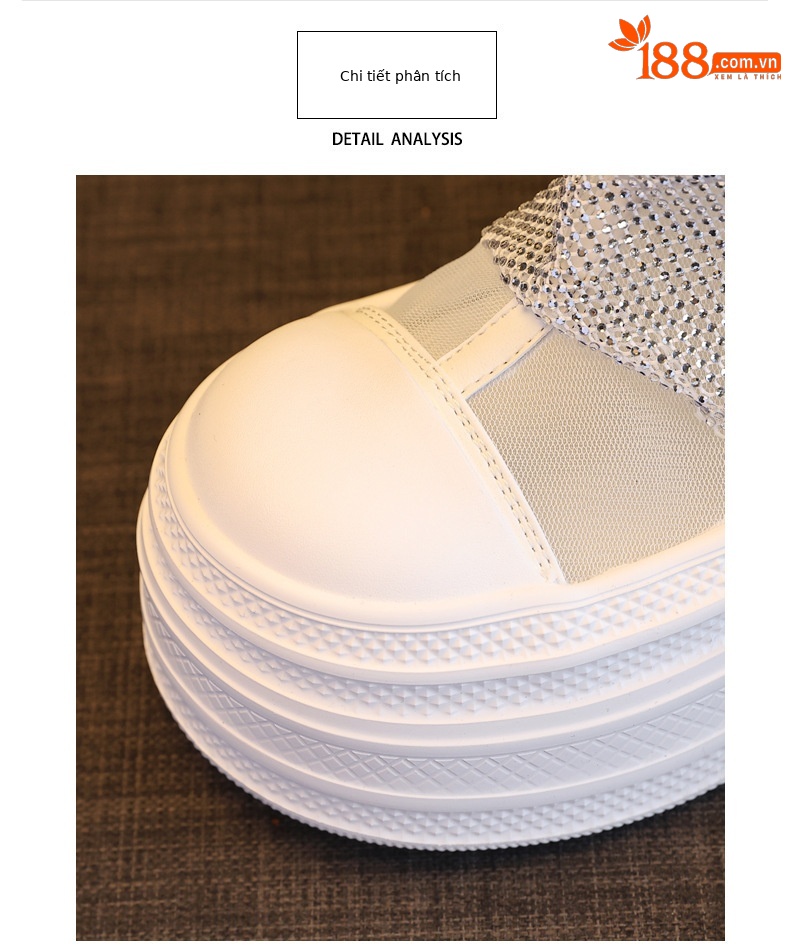 Boot cổ thấp nữ đế dày tăng chiều cao, lưới thoáng khí đính đá rhinestone — màu đen, màu trắng chi tiết 7