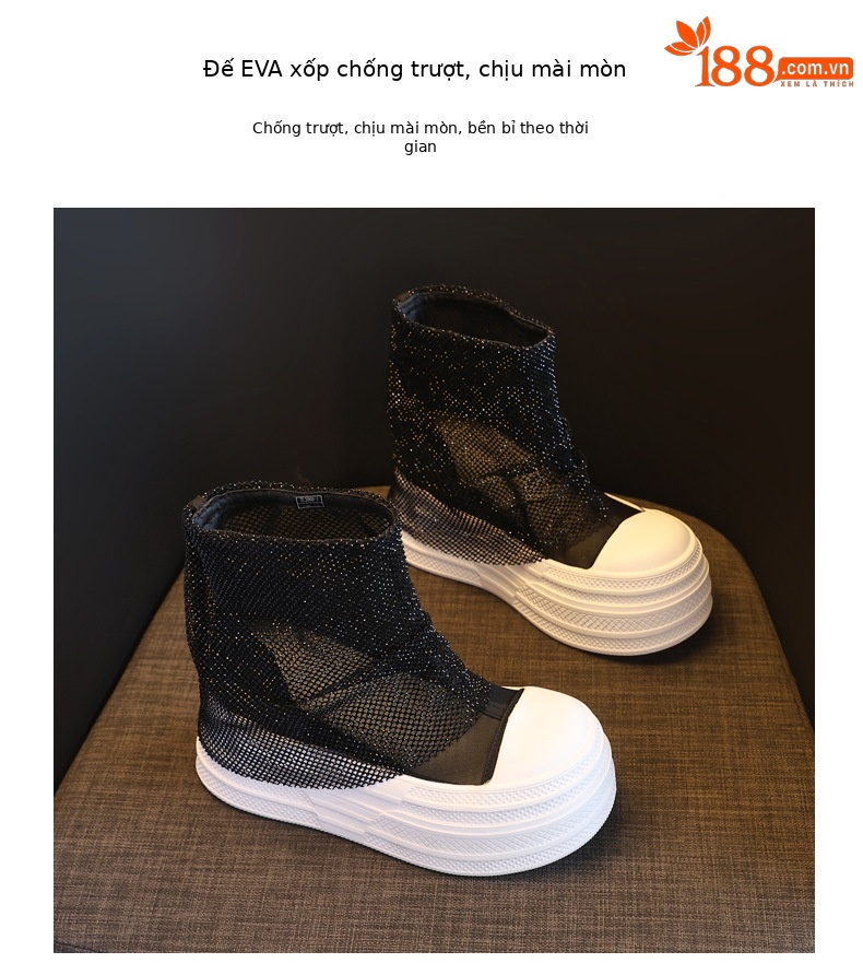 Boot cổ thấp nữ đế dày tăng chiều cao, lưới thoáng khí đính đá rhinestone — màu đen, màu trắng chi tiết 9