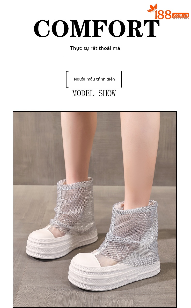 Boot cổ thấp nữ đế dày tăng chiều cao, lưới thoáng khí đính đá rhinestone — màu đen, màu trắng chi tiết 10
