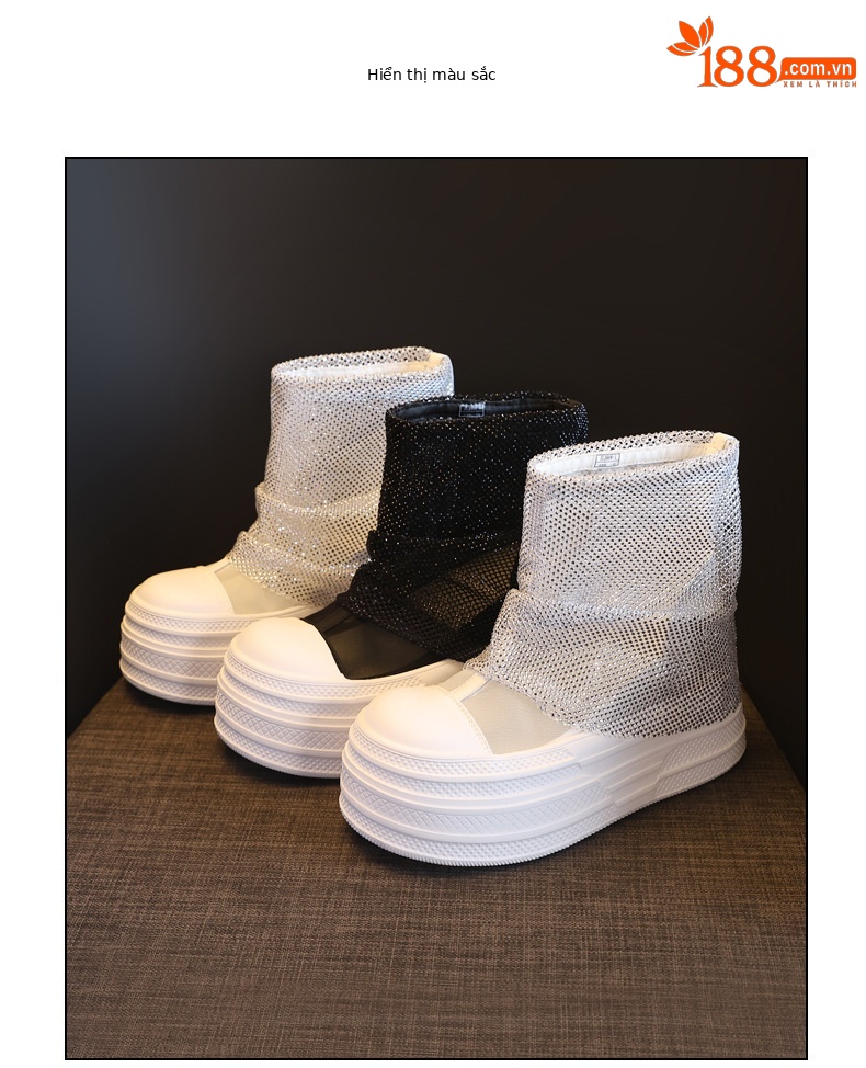 Boot cổ thấp nữ đế dày tăng chiều cao, lưới thoáng khí đính đá rhinestone — màu đen, màu trắng chi tiết 17