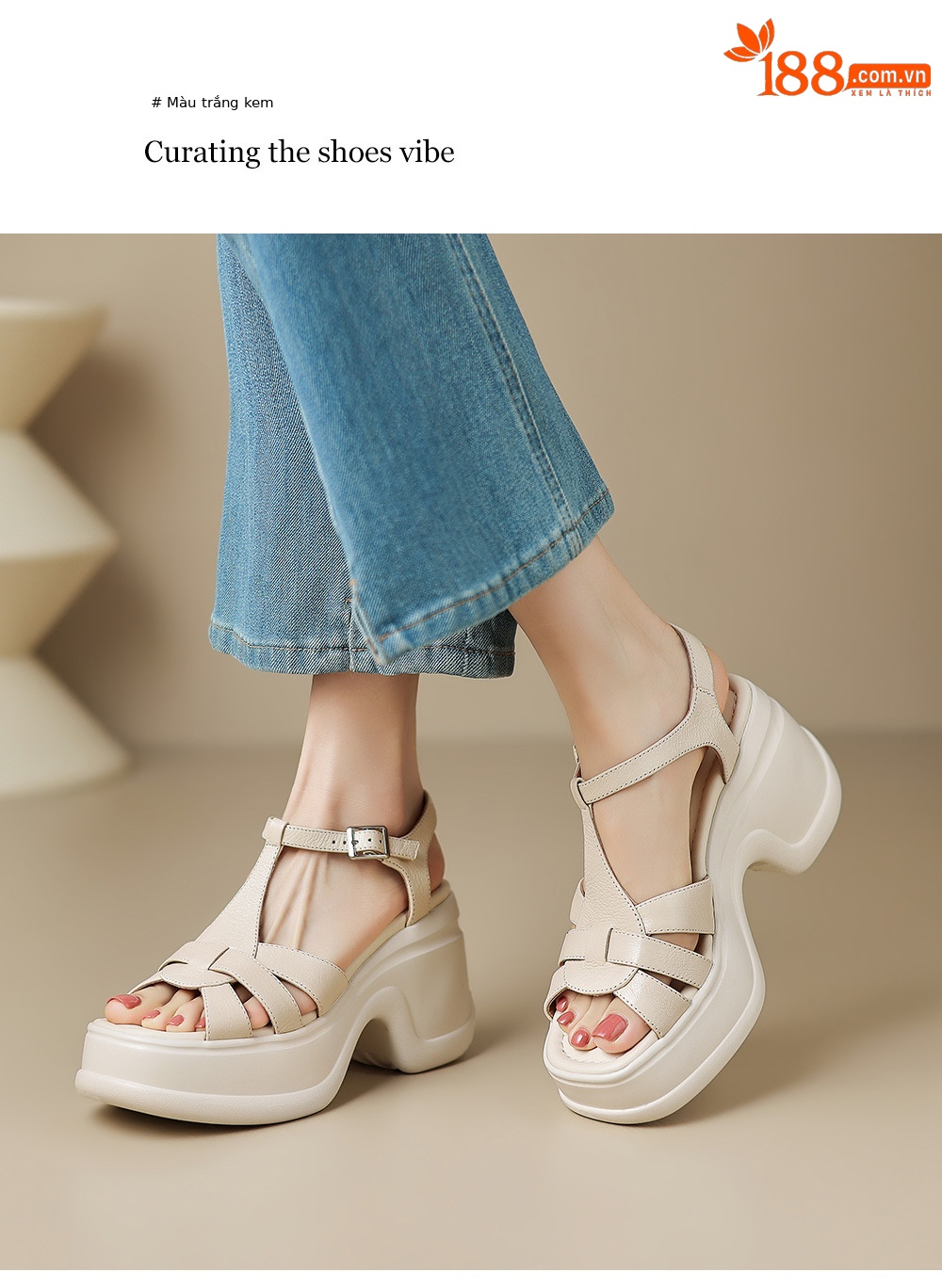 Sandal cao gót nữ đế xuồng đan lát hở mũi quai chữ T — màu trắng ngà, màu mơ chi tiết 16