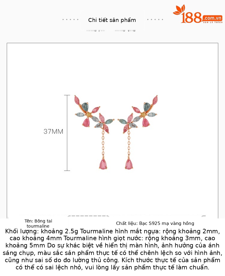 Khuyên tai dài tua rua bạc S925 mạ vàng hồng đính hoa bích tỉ — Cặp đôi chi tiết 2